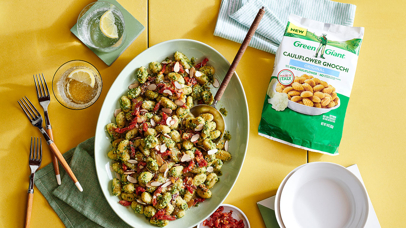 Cauliflower Gnocchi with Basil Pesto & Blistered Tomatoes