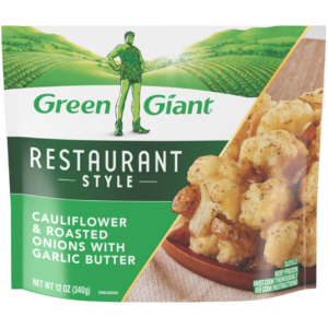 Green Giant Restaurant Style Cauliflower & Roasted Onions with Garlic Butter frozen side dish.