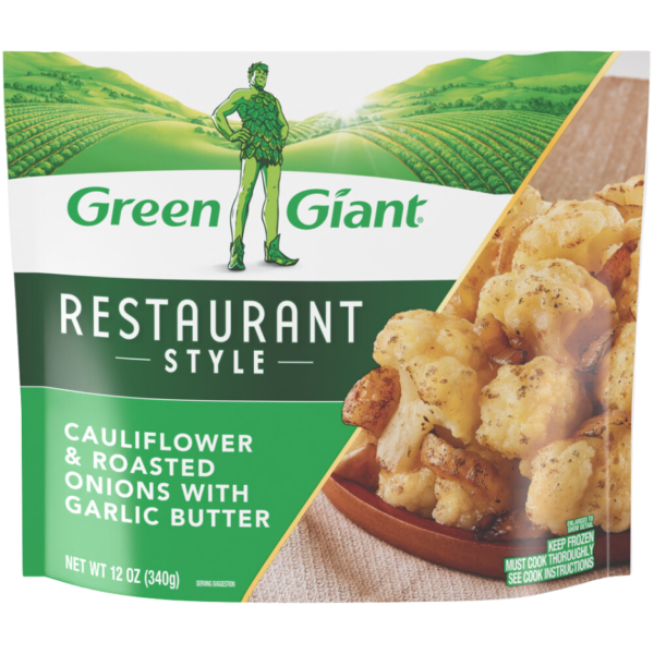 Green Giant Restaurant Style Cauliflower & Roasted Onions with Garlic Butter frozen side dish.