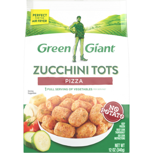 Green Giant Zucchini Tots Pizza flavor, featuring zucchini-based tots with no potato.