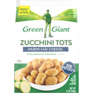 Green Giant Zucchini Tots Parmesan Cheese flavor, featuring zucchini-based tots with no potato.