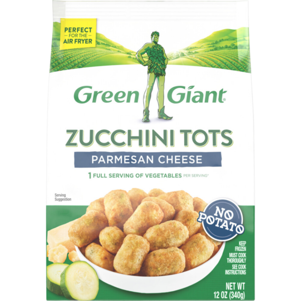 Green Giant Zucchini Tots Parmesan Cheese flavor, featuring zucchini-based tots with no potato.