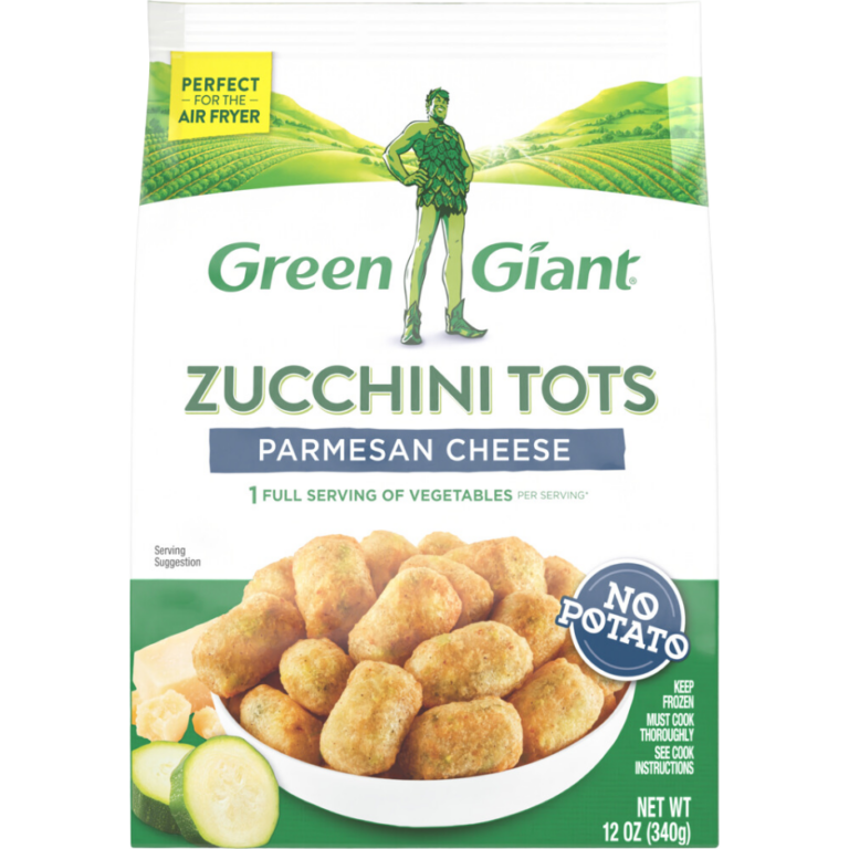 Green Giant Zucchini Tots Parmesan Cheese flavor, featuring zucchini-based tots with no potato.