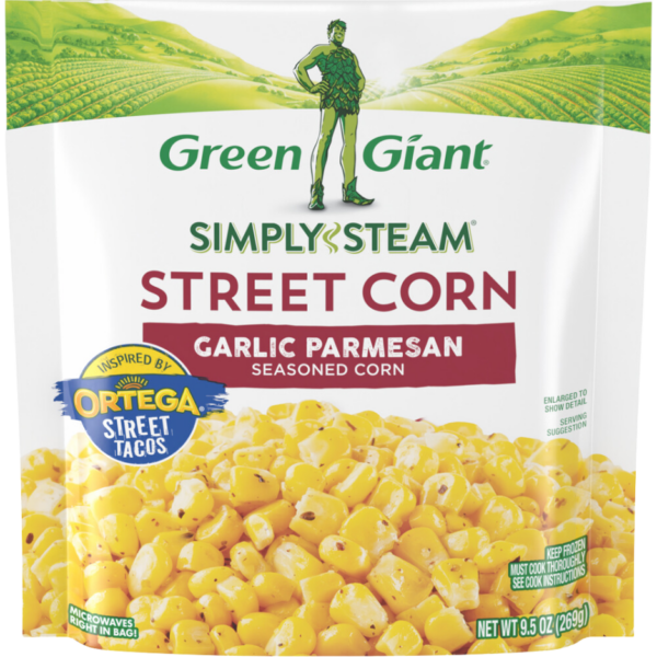 Green Giant Simply Steam Street Corn Garlic Parmesan seasoned corn inspired by Ortega Street Tacos.