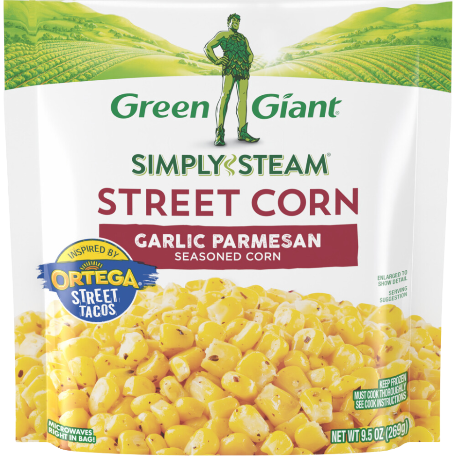 Green Giant Simply Steam Street Corn Garlic Parmesan seasoned corn inspired by Ortega Street Tacos.