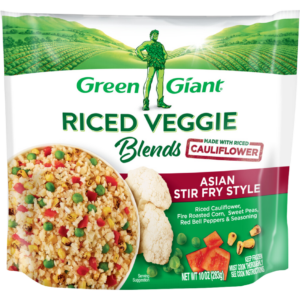 Green Giant Riced Veggie Blends Asian Stir Fry Style made with riced cauliflower, fire-roasted corn, sweet peas, red bell peppers, and seasoning.