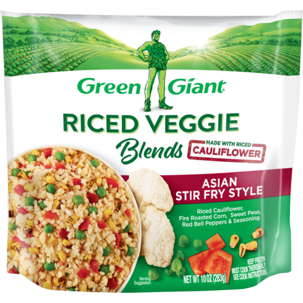 Green Giant Riced Veggie Blends Asian Stir Fry Style made with riced cauliflower, fire-roasted corn, sweet peas, red bell peppers, and seasoning.