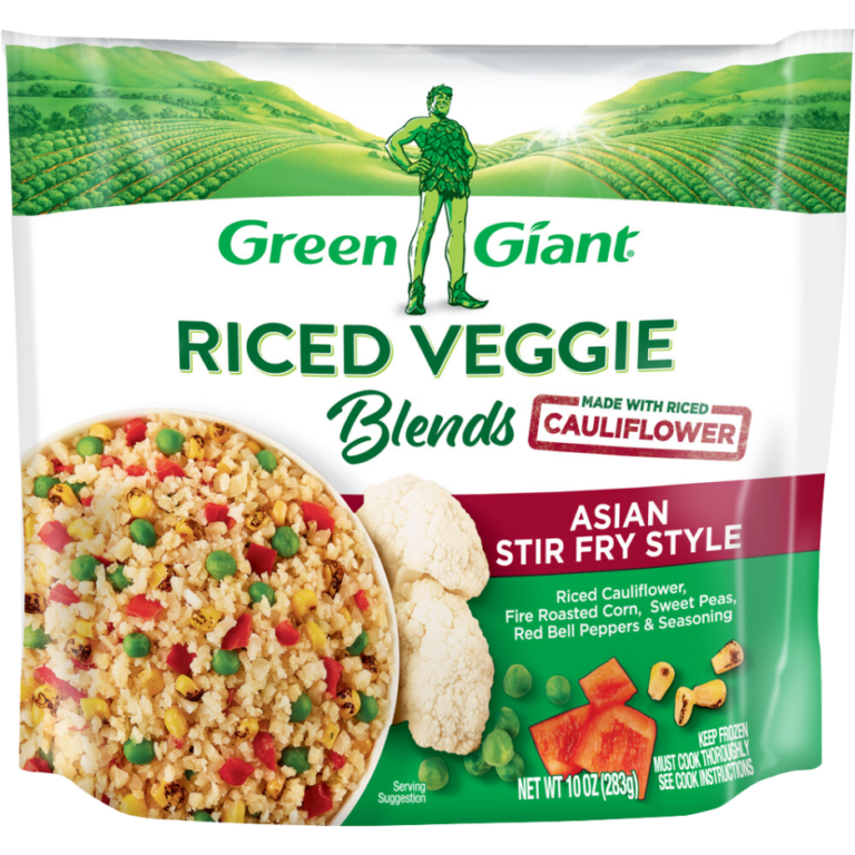 Green Giant Riced Veggie Blends Asian Stir Fry Style made with riced cauliflower, fire-roasted corn, sweet peas, red bell peppers, and seasoning.