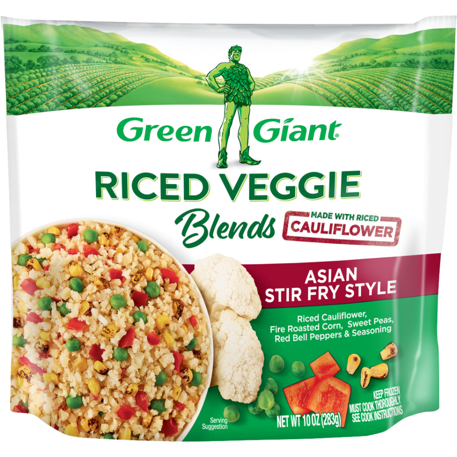 Green Giant Riced Veggie Blends Asian Stir Fry Style made with riced cauliflower, fire-roasted corn, sweet peas, red bell peppers, and seasoning.