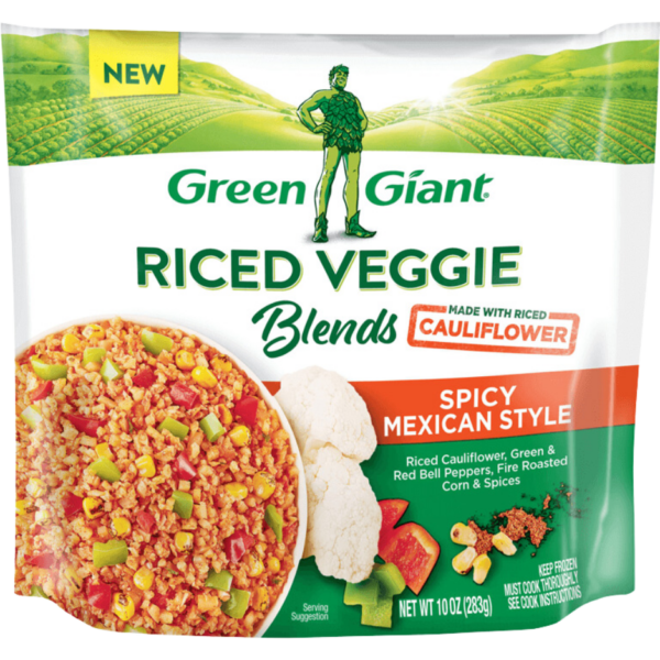 Green Giant Riced Veggie Blends Spicy Mexican Style made with riced cauliflower, green and red bell peppers, fire-roasted corn, and spices.