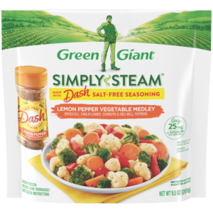 Green Giant Simply Steam Lemon Pepper Vegetable Medley with Dash Salt-Free Seasoning, broccoli, cauliflower, carrots, and red bell peppers.