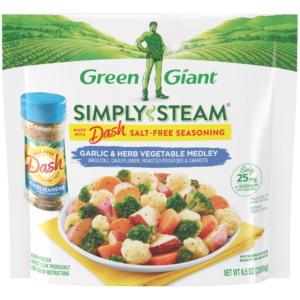 Green Giant Simply Steam Garlic & Herb Vegetable Medley with Dash Salt-Free Seasoning, broccoli, cauliflower, roasted potatoes, and carrots.