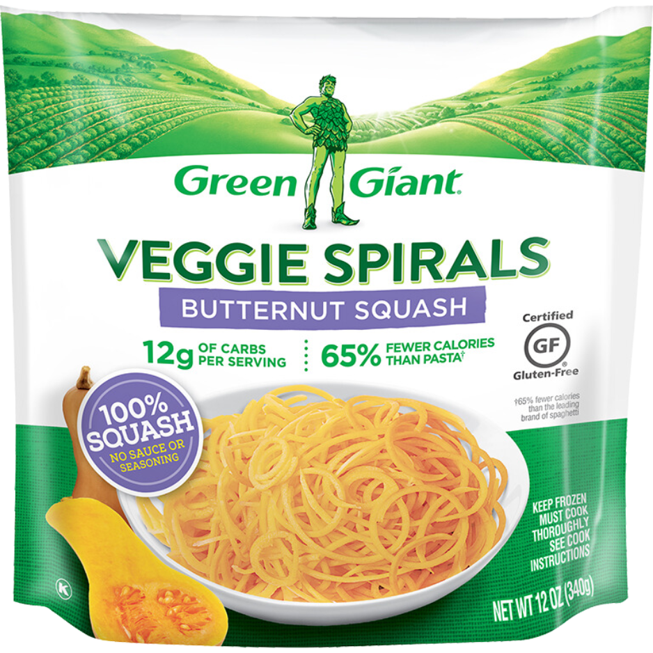 Green Giant Veggie Spirals Butternut Squash, 100% squash, gluten-free, no sauce or seasoning.