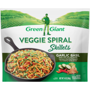 Green Giant Veggie Spiral Skillets Garlic Basil with zucchini spirals, carrots, and red bell peppers in a creamy garlic sauce.