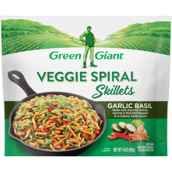 Green Giant Veggie Spiral Skillets Garlic Basil with zucchini spirals, carrots, and red bell peppers in a creamy garlic sauce.