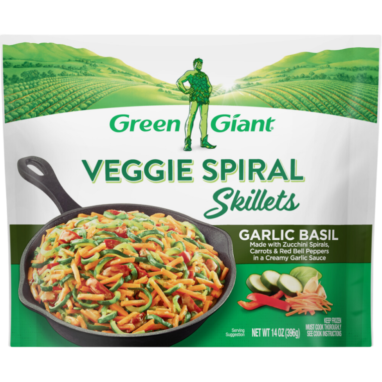 Green Giant Veggie Spiral Skillets Garlic Basil with zucchini spirals, carrots, and red bell peppers in a creamy garlic sauce.