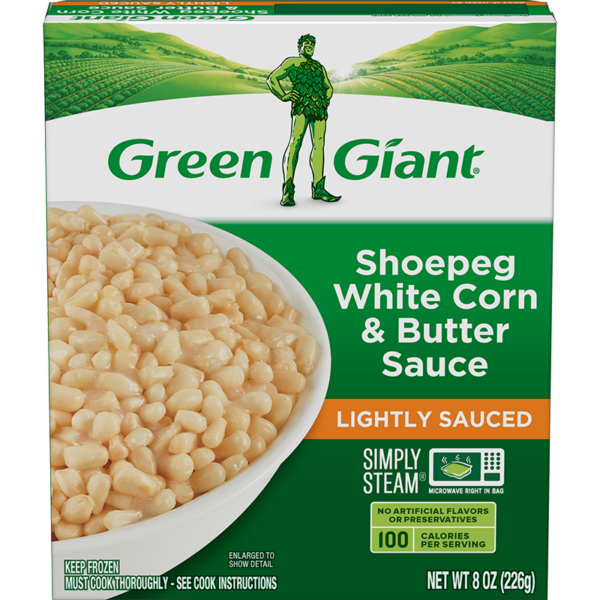 Discover delicious and convenient Green Giant Shoepeg White Corn & Butter Sauce. Enjoy the ease of microwavable pouches in easy-store, freezer-friendly boxes.