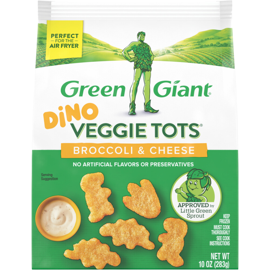 Green Giant Dino Veggie Tots Broccoli and Cheese with dinosaur-shaped veggie tots.