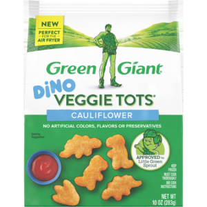 Green Giant Dino Veggie Tots Cauliflower with dinosaur-shaped veggie tots.