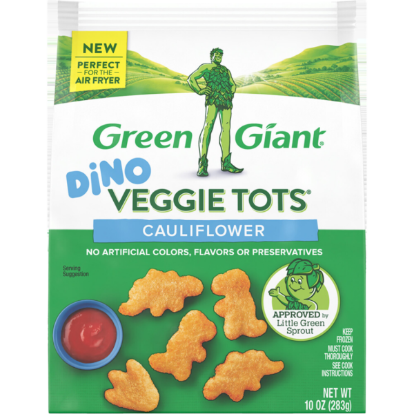 Green Giant Dino Veggie Tots Cauliflower with dinosaur-shaped veggie tots.