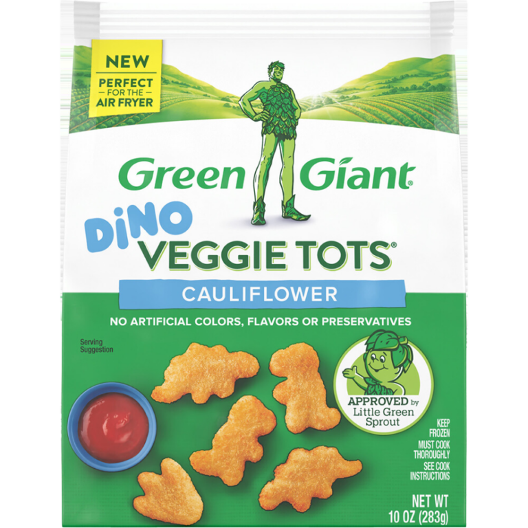 Green Giant Dino Veggie Tots Cauliflower with dinosaur-shaped veggie tots.