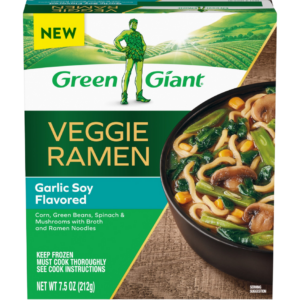 Green Giant Veggie Ramen Garlic Soy Flavored frozen meal with vegetables and noodles.