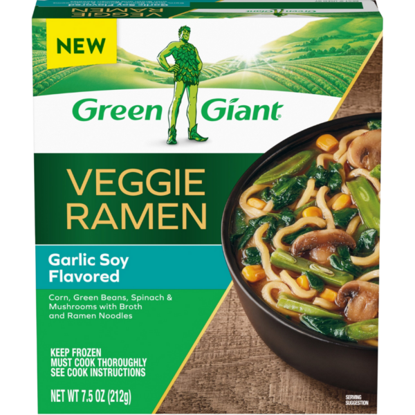 Green Giant Veggie Ramen Garlic Soy Flavored frozen meal with vegetables and noodles.