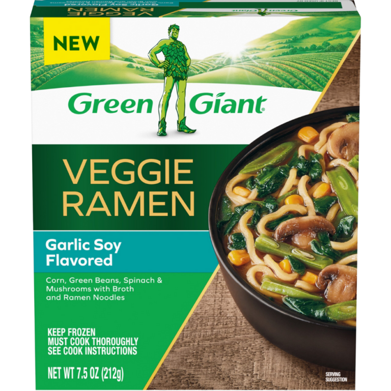 Green Giant Veggie Ramen Garlic Soy Flavored frozen meal with vegetables and noodles.