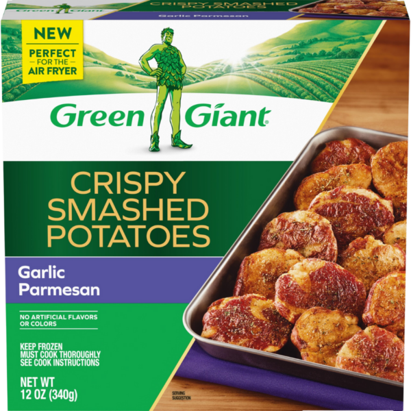 Green Giant Crispy Smashed Potatoes Garlic Parmesan flavored frozen side dish.