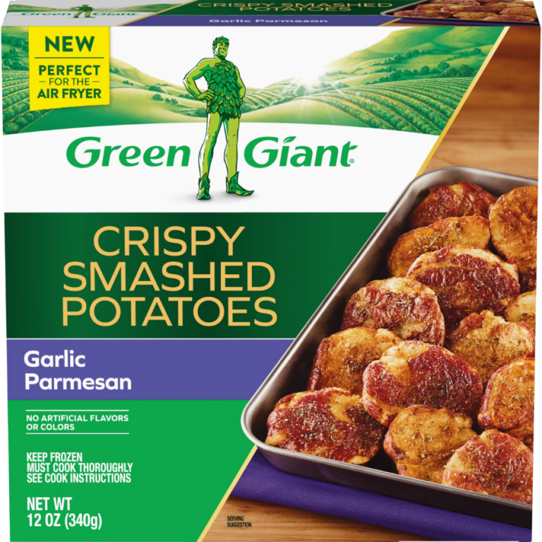 Green Giant Crispy Smashed Potatoes Garlic Parmesan flavored frozen side dish.