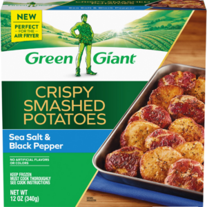 Green Giant Crispy Smashed Potatoes Sea Salt and Black Pepper flavored frozen side dish.