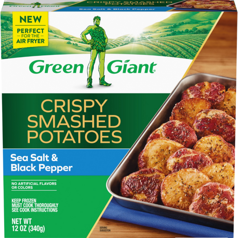 Green Giant Crispy Smashed Potatoes Sea Salt and Black Pepper flavored frozen side dish.