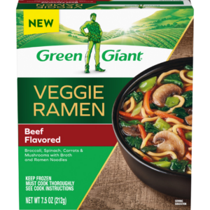 Green Giant Veggie Ramen Beef Flavored frozen meal with vegetables and noodles.