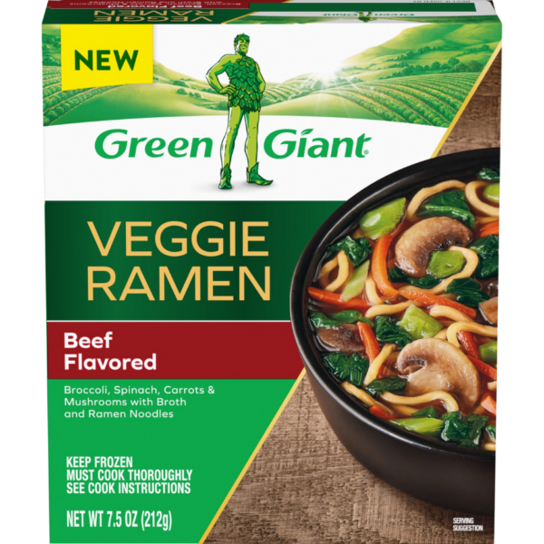 Green Giant Veggie Ramen Beef Flavored frozen meal with vegetables and noodles.